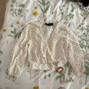 Francesca’s Blue Rain Polka Dot Cream Black Wrap Crop Top Bamboo Ring